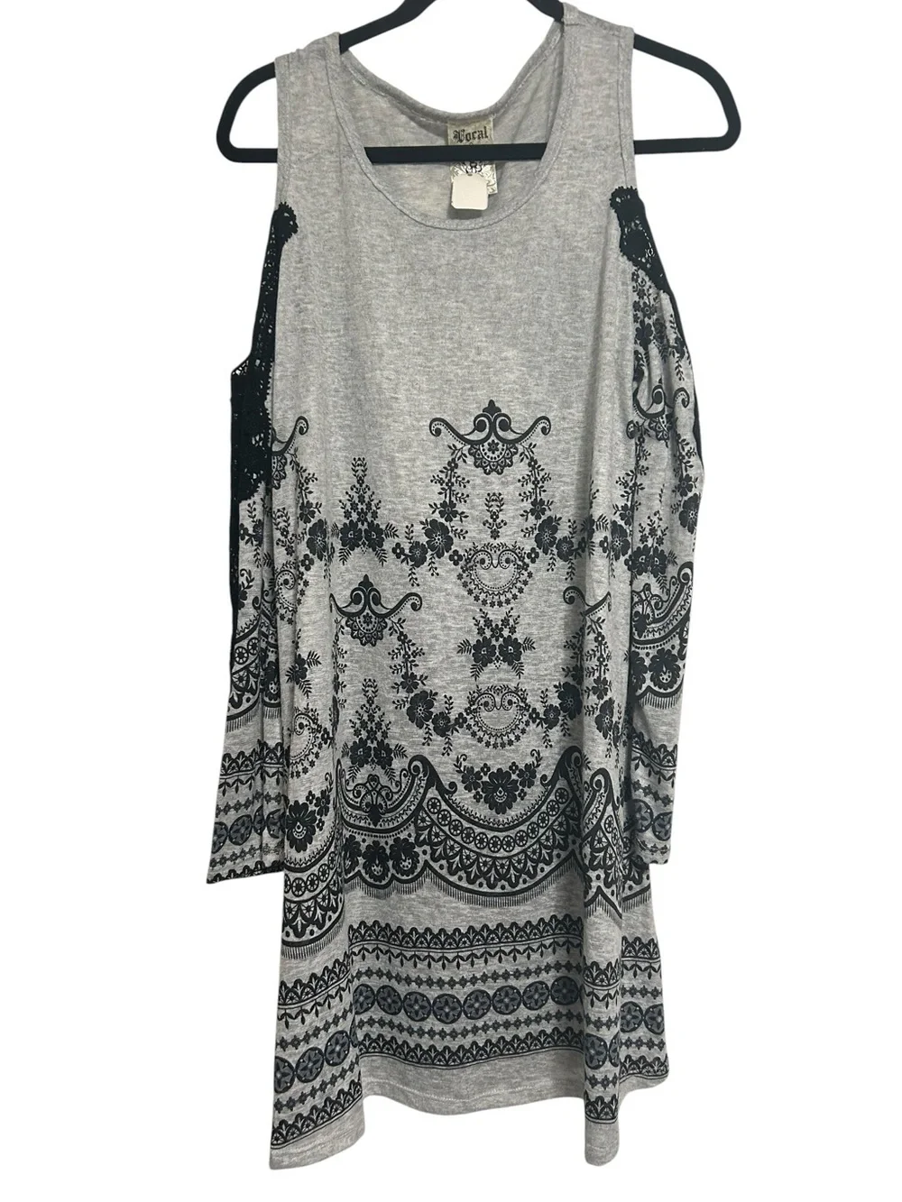Vocal Cold Shoulder Dress Grey Black Damask Lace Whimsigoth Tunic Mini XL